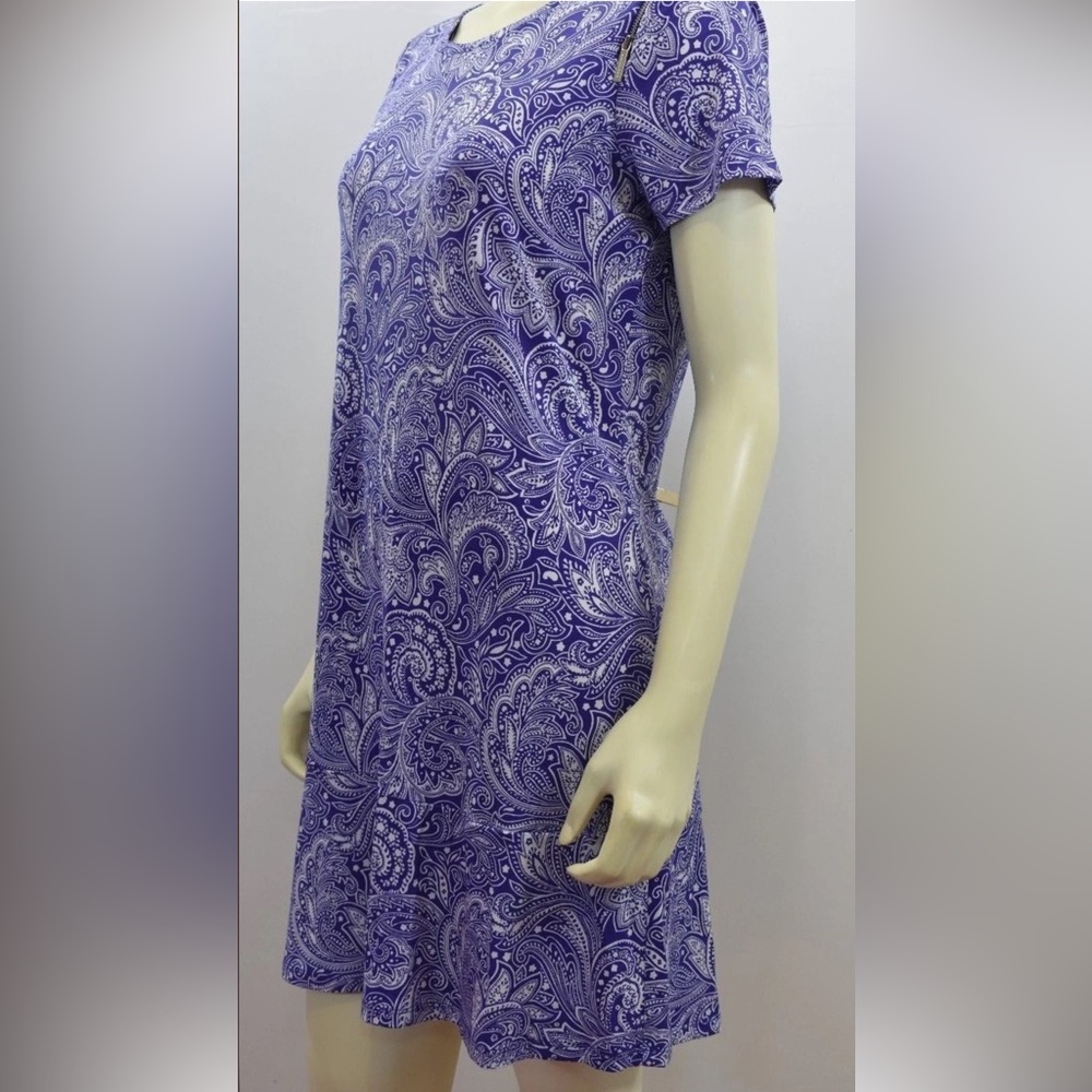 Michael Kors Paisley Short Sleeve Zipper Cold Shoulder Purple Dress Size L